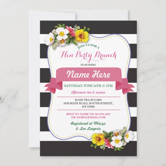 Hen Party Brunch Shower Stripe Floral Pink Invite (Front)