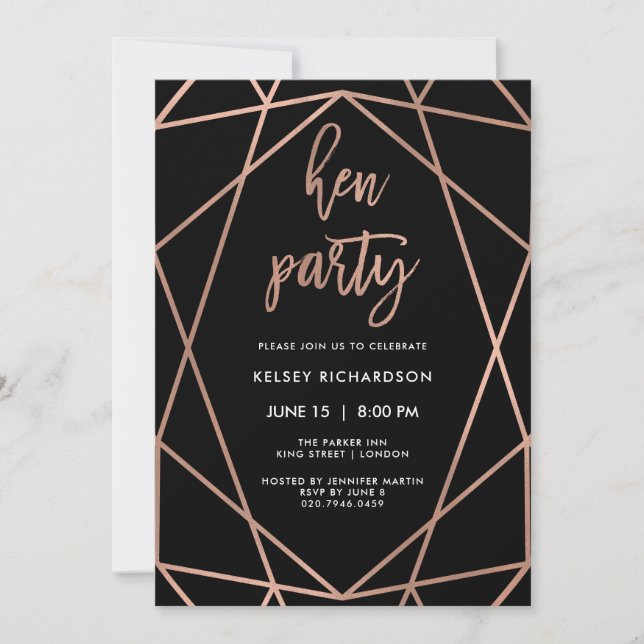 Hen Party | Faux Rose Gold Geometric on Black Invitation (Front)
