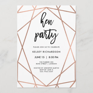 Hen Party   Faux Rose Gold Geometric on White Invitation