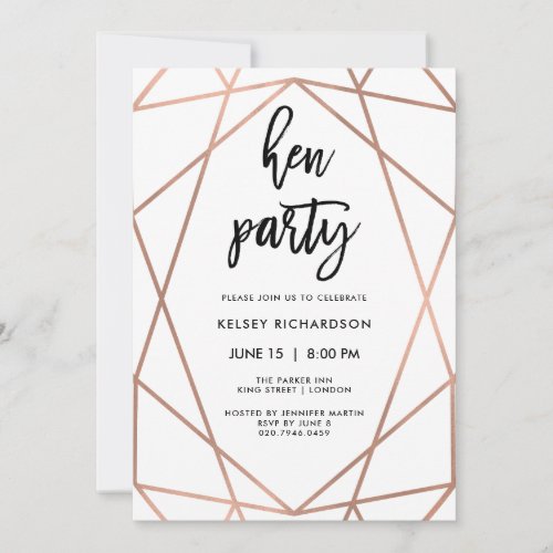 Hen Party  Faux Rose Gold Geometric on White Invitation