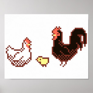 Hen, Rooster And Chick Pixel Art Poster