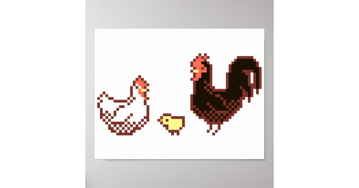 Hen, Rooster And Chick Pixel Art Poster | Zazzle