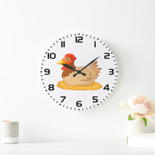 Hen Sitting on Nest Cute Farm Animal Large Clock