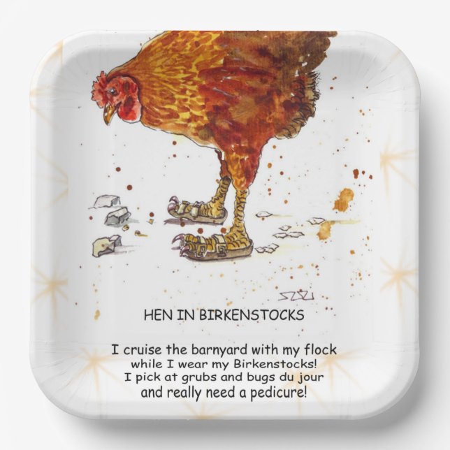 Hen wearing Birkenstocks Paper Plates (Front)