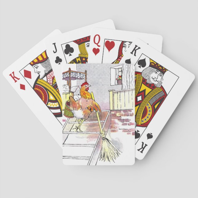Hen with Broom Mounting Stairs to Bedroom Poker Cards (Back)