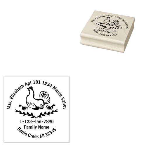 Hen with Yellow Chicks Line Art Home Contact Info Rubber Stamp