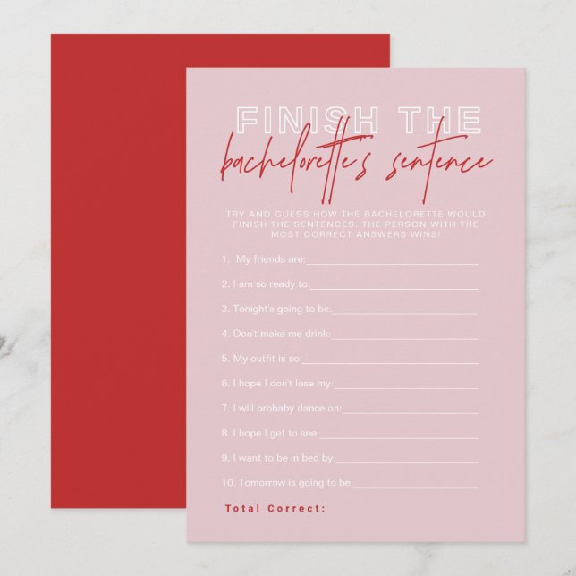 HENLEY Pink Red Finish the Bachelorette's Sentence Invitation (Front/Back)