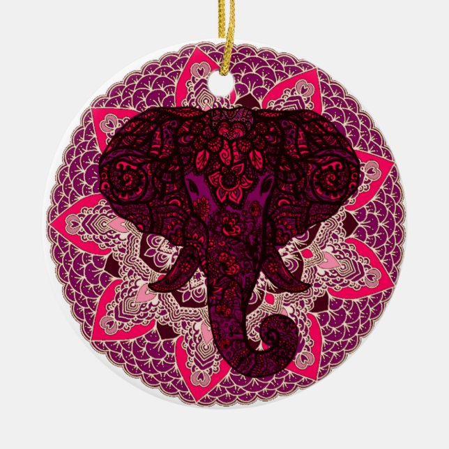 Henna Elephant Head Mandala Pink Mehndi Tattoo Ceramic Ornament (Front)