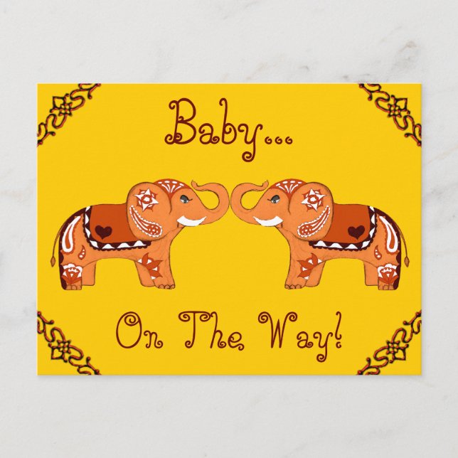 Henna Elephant (Orange/Red) (Baby Shower) Invitation Postcard (Front)
