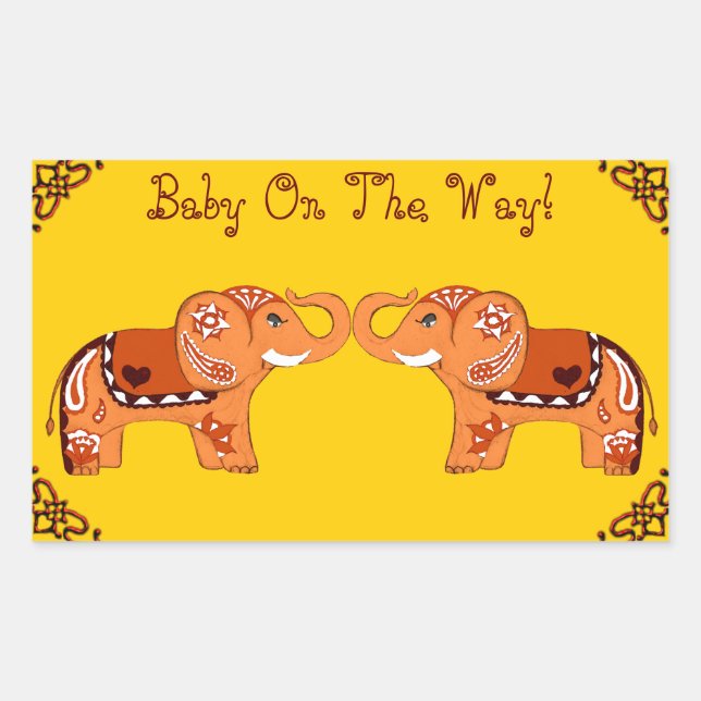 Henna Elephant (Orange/Red) (Baby Shower) Rectangular Sticker (Front)