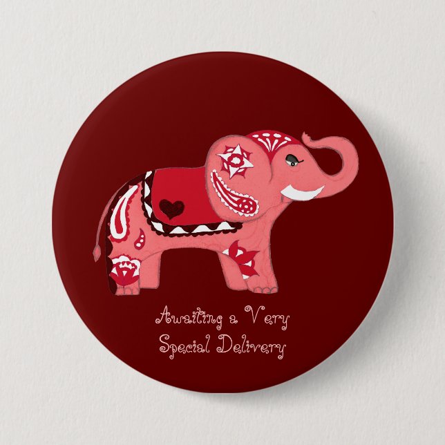 Henna Elephant (Red/Pink) (Baby Shower) Button (Front)