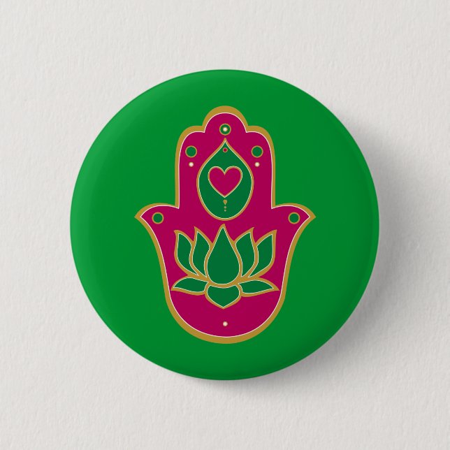 Henna Hamsa Lotus Green & Pink Pinback Button (Front)