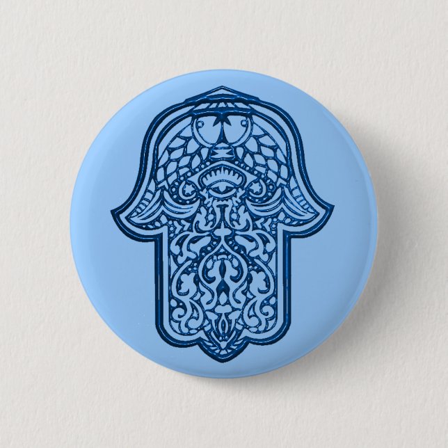 Henna Hand of Hamsa (Blue) Button (Front)