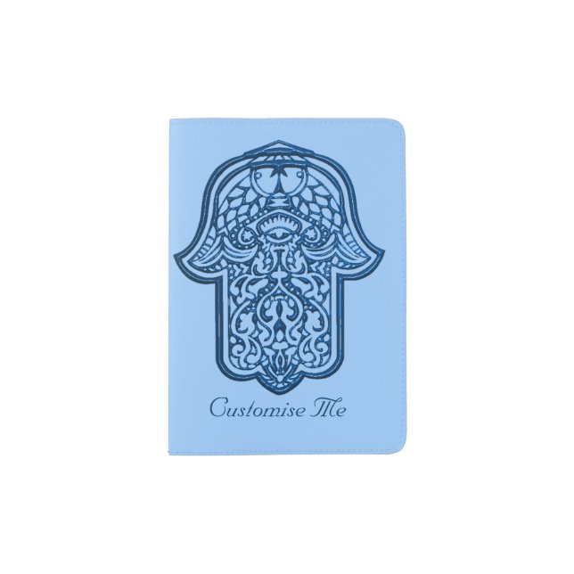 Henna Hand of Hamsa (Blue) Passport Holder (Front)