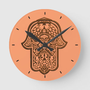 Henna Hand of Hamsa (Orange) Round Clock