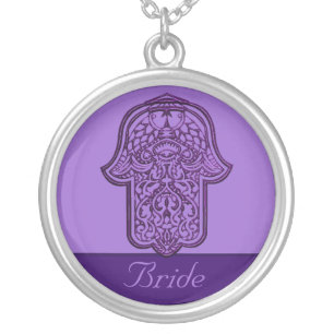 Henna Hand of Hamsa (Purple) (Wedding) Silver Plated Necklace