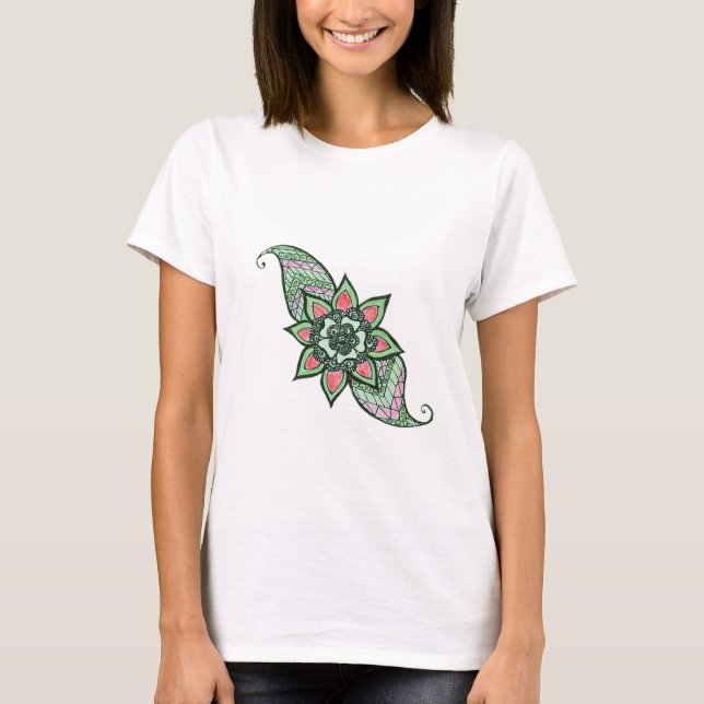 Henna inspired design in pink and green shirt (Front)