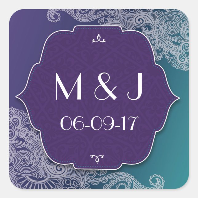Henna Jewel Stickers Purple Teal Square Favors (Front)
