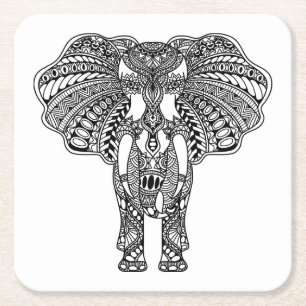 Henna Mehndi Decorated Indian Elephant Square Paper Coaster