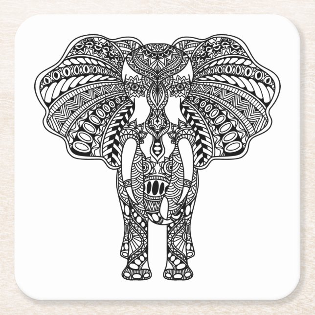 Henna Mehndi Decorated Indian Elephant Square Paper Coaster (Front)