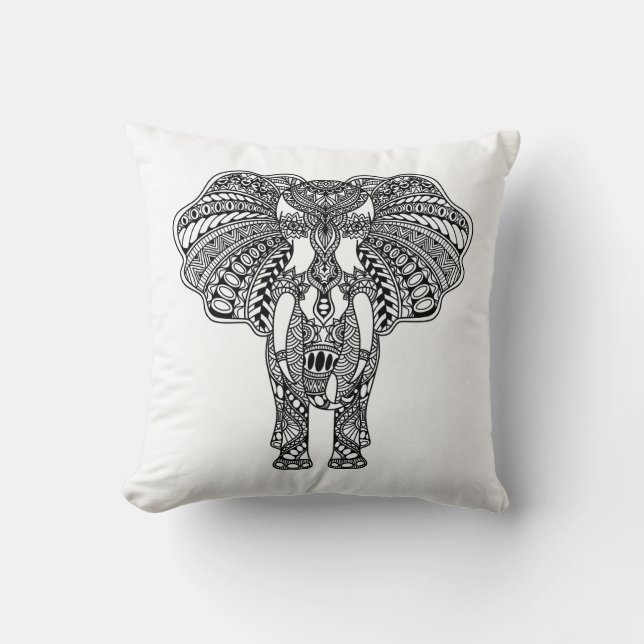 Henna Mehndi Decorated Indian Elephant Throw Pillow (Front)
