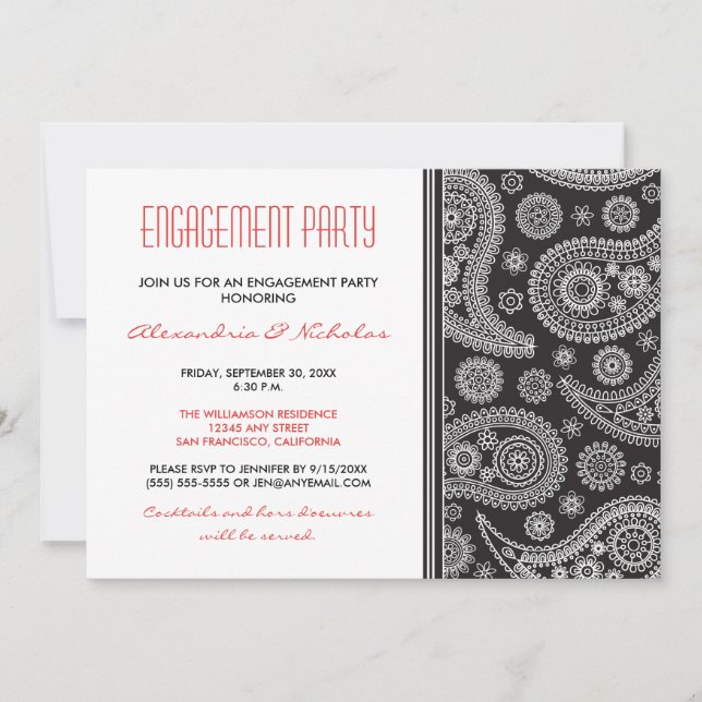 Henna Paisley Engagement Party Invitation (black) (Front)