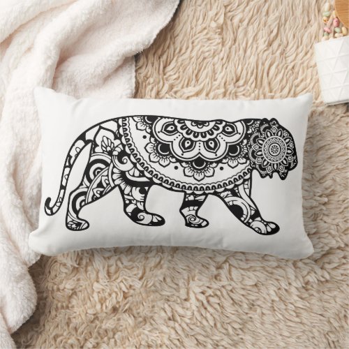 Henna Pattern Lion Art Black and White Lumbar Pillow