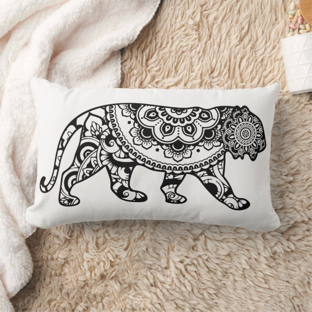 Henna Pattern Lion Art Black and White Lumbar Pillow (Blanket)