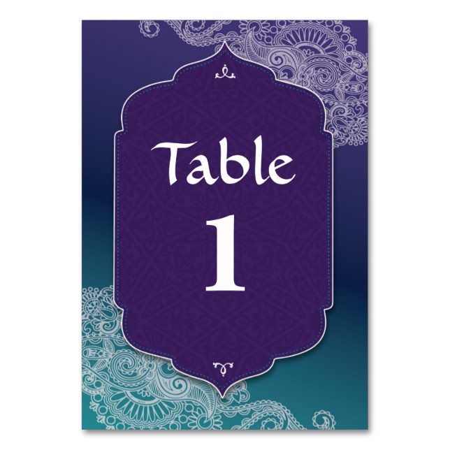 Henna Style Jewel Pattern Table Number Wedding (Front)