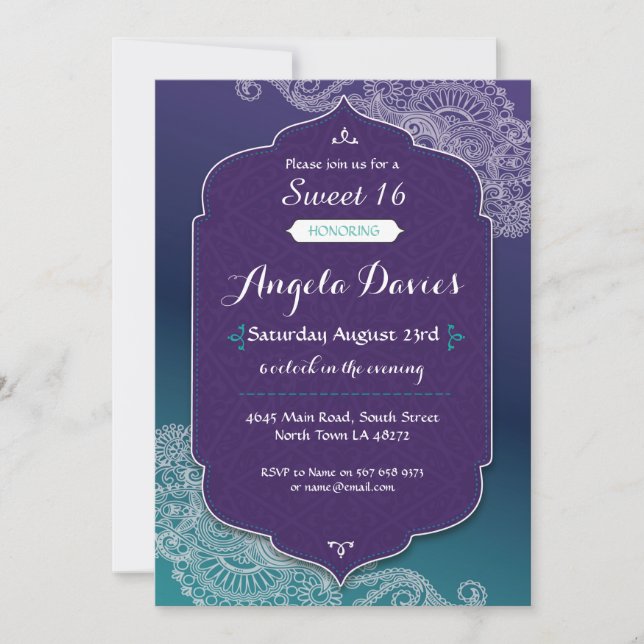 Henna Style Jewel Sweet 16 Birthday Party Invite (Front)