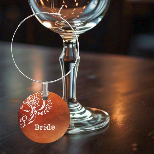 Henna Tattoo Lace Wedding Wine Charm (Wine charm featuring a henna tattoo or lace design on a warm terra cotta heart and damask background)