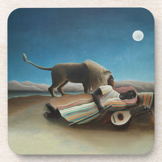 Henri Rousseau Sleeping Gypsy Lion Painting Beverage Coaster (Front)