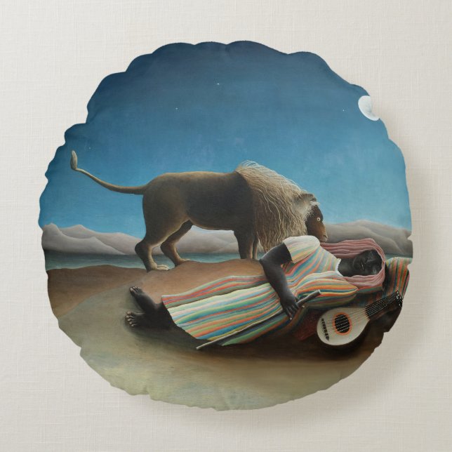 Henri Rousseau Sleeping Gypsy Lion Painting Round Pillow (Front)