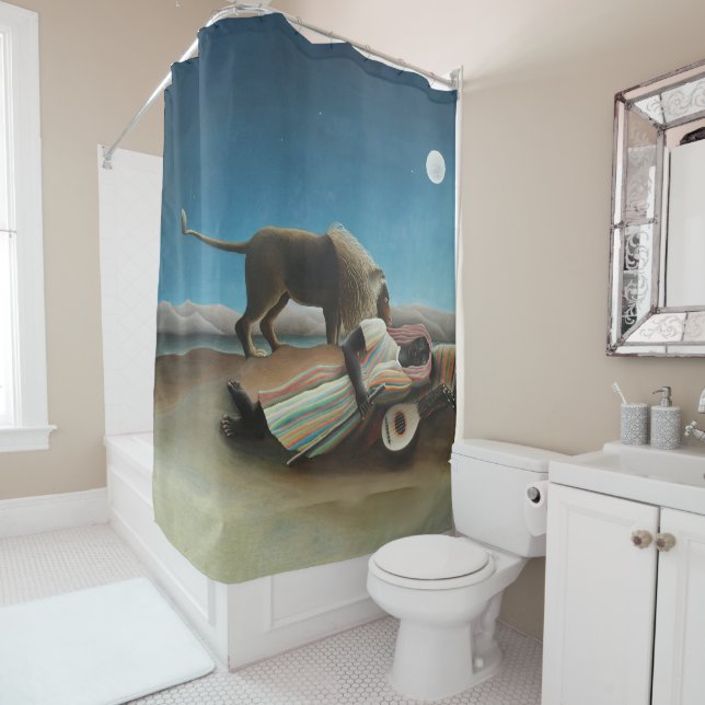 Henri Rousseau Sleeping Gypsy Lion Painting Shower Curtain (In Situ)