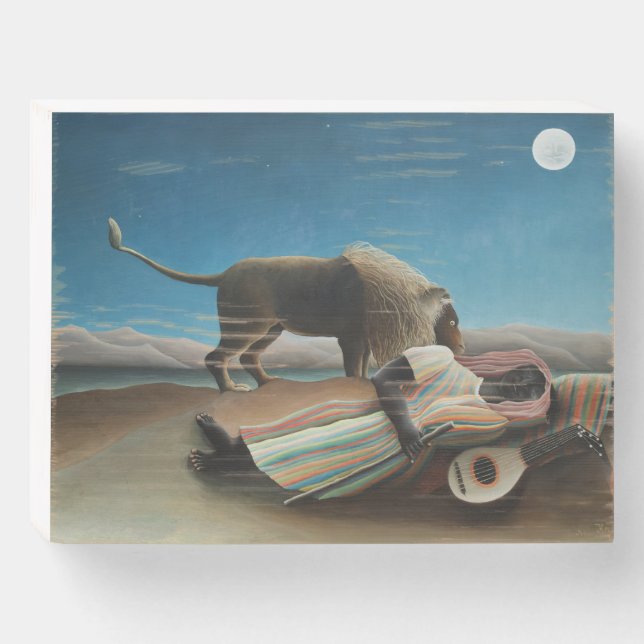 Henri Rousseau Sleeping Gypsy Lion Painting Wooden Box Sign (Front Horizontal)
