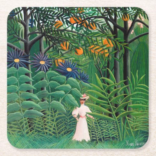 Henri Rousseau _ Woman Walking in an Exotic Forest Square Paper Coaster