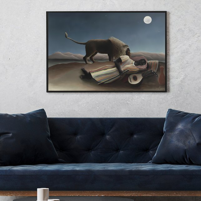 Henri Rousseau's The Sleeping Gypsy (1897) famous  Poster (Unveiling the Enigmatic: Exploring the Mysteries of Henri Rousseau’s The Sleeping Gypsy wall art pos)