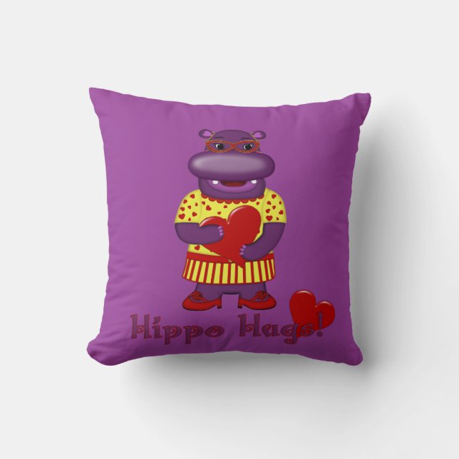 Henrietta Hippo Hugs Throw Pillow-Purple Pillow (Front)