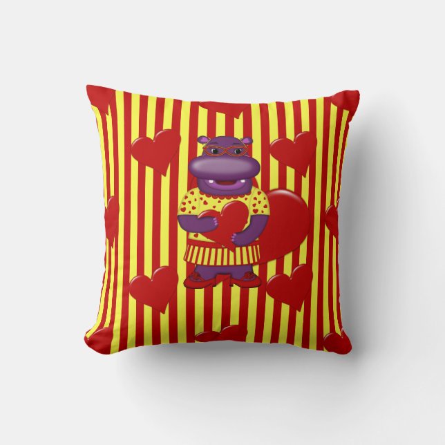 Henrietta Hippo Throw Pillow-Red-Yellow Stripes Throw Pillow (Front)