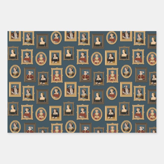 Henry VIII Six Wives Portraits in Frames Teal  Wrapping Paper Sheets (Front)