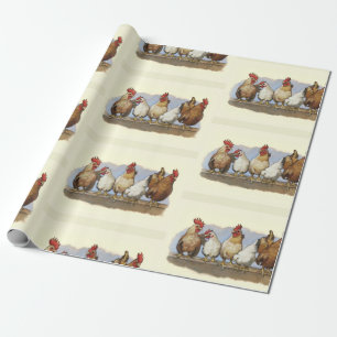 Hens and Roosters, Chicken Art, Poultry Wrapping Paper