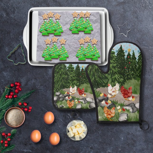 Hens, chicks, and snowflakes light blue oven mitt & pot holder set (Creator Uploaded)