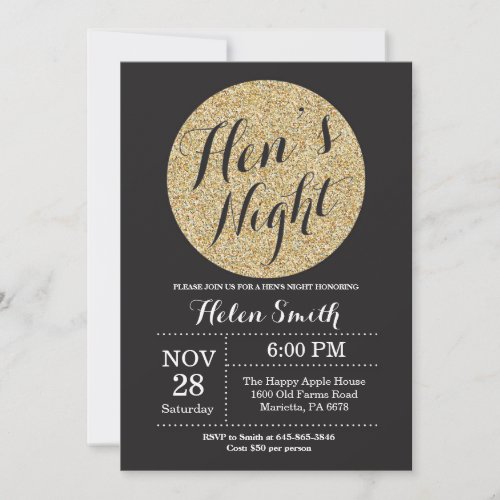 Hens Night Black and Gold Glitter Invitation Card