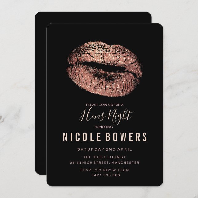 Hens Night Rose Gold Lips Invitation (Front/Back)