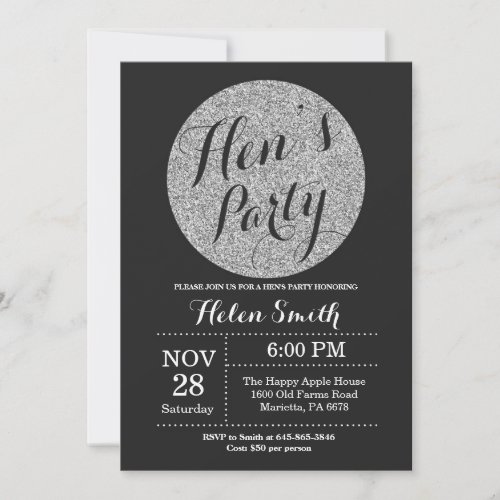 Hens Party Black and Silver Glitter Invitation