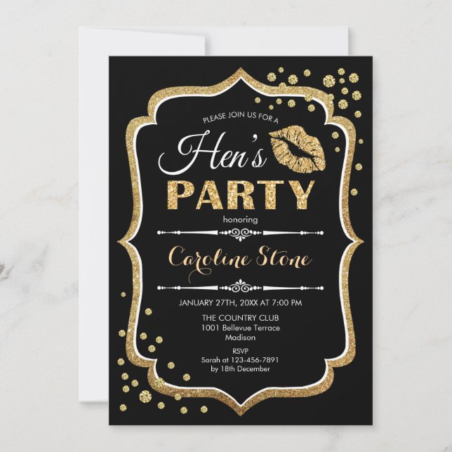Hens Party - Black Gold Invitation (Front)