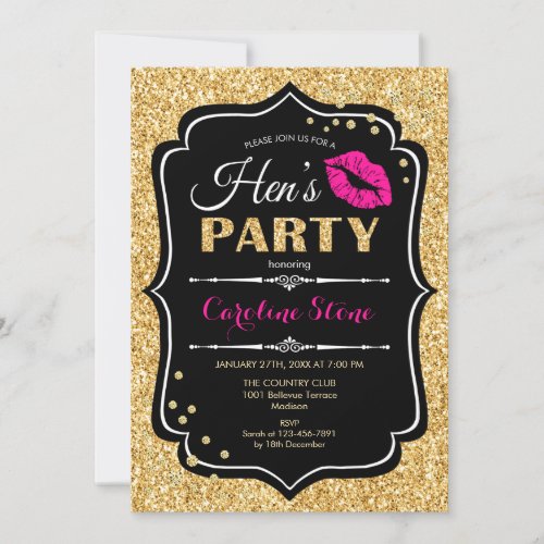 Hens Party _ Black Pink Gold Invitation