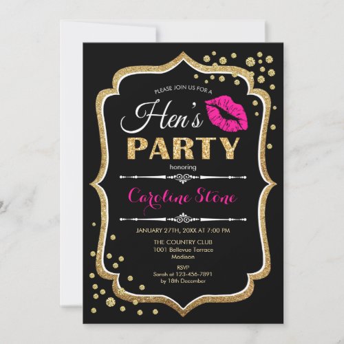 Hens Party _ Black Pink Gold Invitation