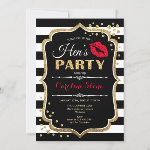 Hens Party _ Black Red Gold Invitation