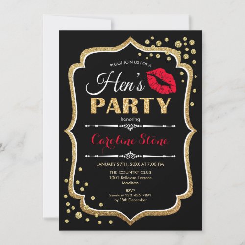 Hens Party _ Black Red Gold Invitation